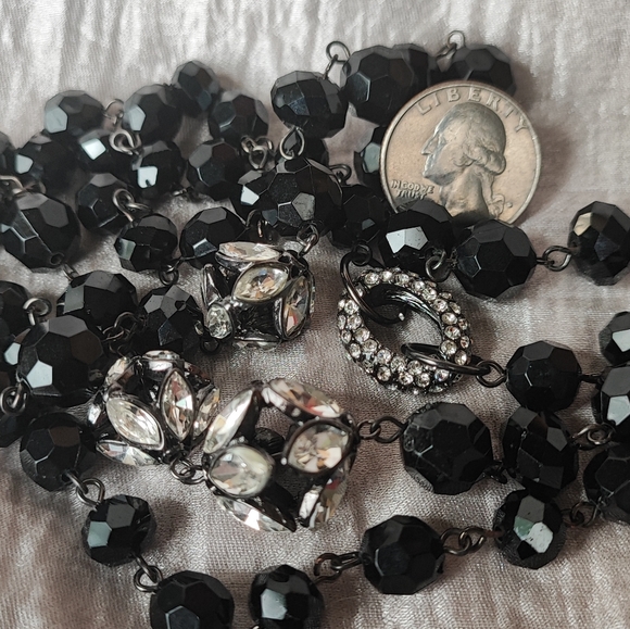 Dramatic Opera Length Black Plastic Faceted Glass Clear Rhinestone Bead Necklace - Picture 12 of 15